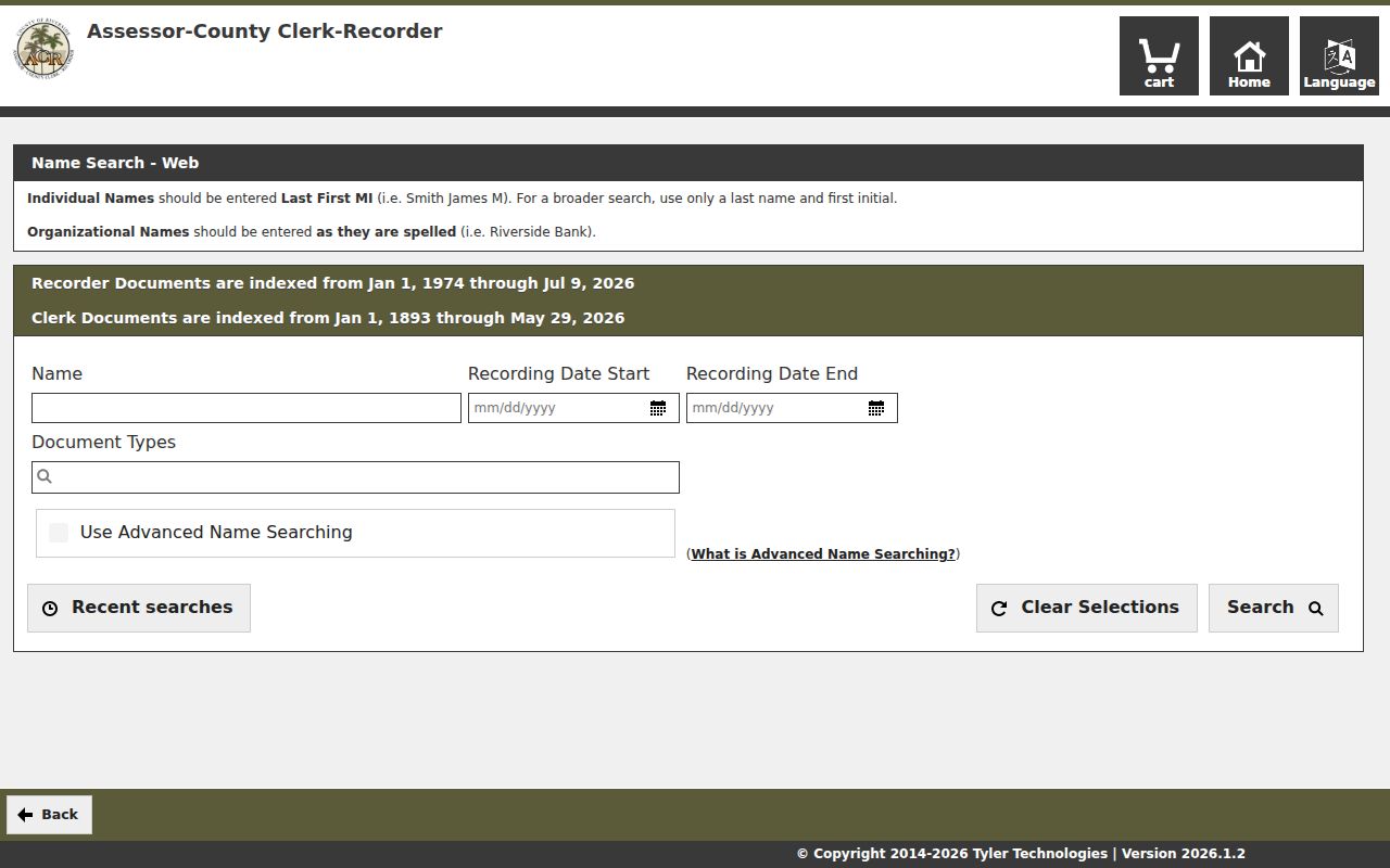 Indio people search name and date fields in Riverside recorder index